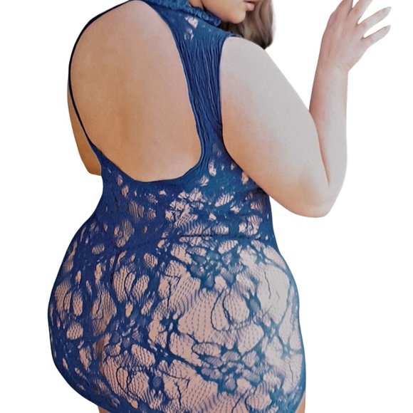 Choker Neck Sheer Lace Bodystocking – Blue – Plus One Size - Picture 2 of 2
